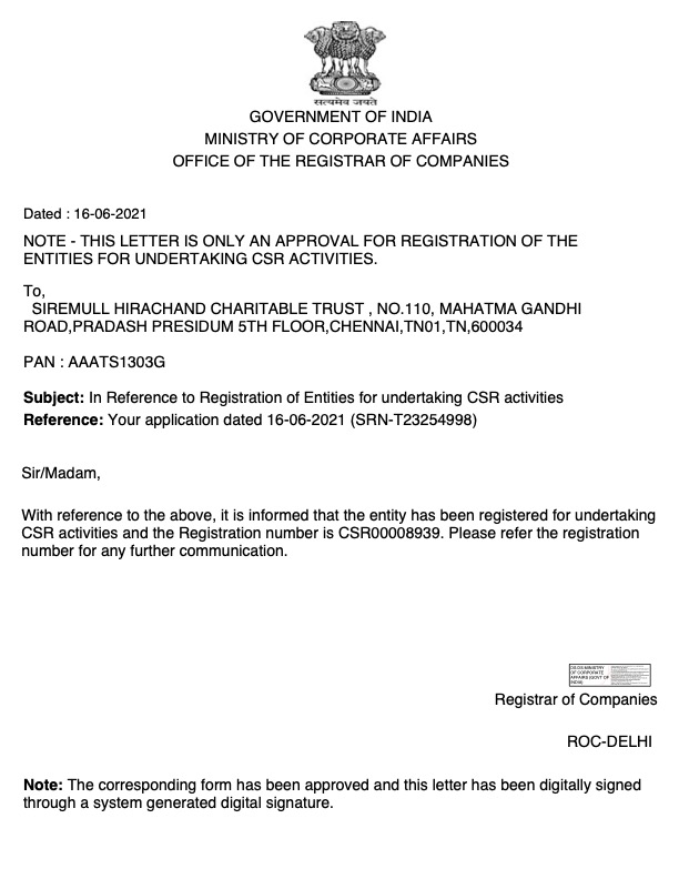 Government of India — CSR Registration Certificate CSR00008939, Ministry of Corporate Affairs, 16 June 2021